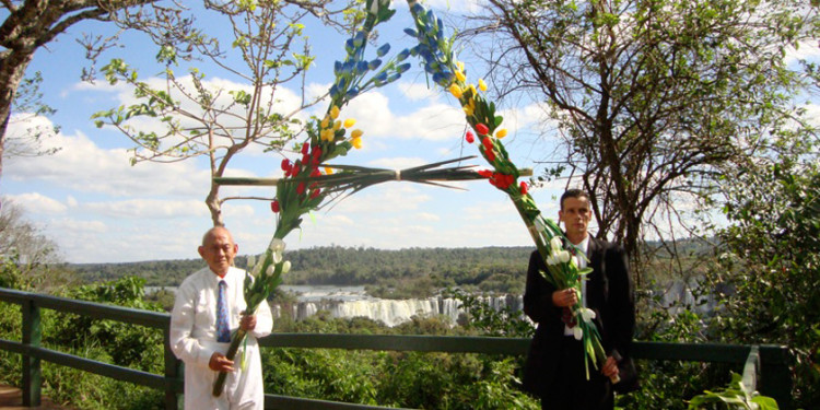 Medalla and Nankervis, live event entitled 'Tulips for the Iguazo' This photo were taken at the Iguazo Falls where Adam Nankervis and David Medalla enacted their live event entitled 'Tulips for the Iguazo' on September 14, 2010. The bamboo poles for the letter 'A' ( festooned with silk tulips and fronds from a Brazilian palm tree) were cut by Valdemir Federizzi from the Fazenda Santa Maria of Foz de Iguazo. Brazilian artist Renata Padovan made a video of the event by Medalla and Nankervis which will be shown in the 'So Pulo' exhibition at Galeria Baro in Sao Paulo.