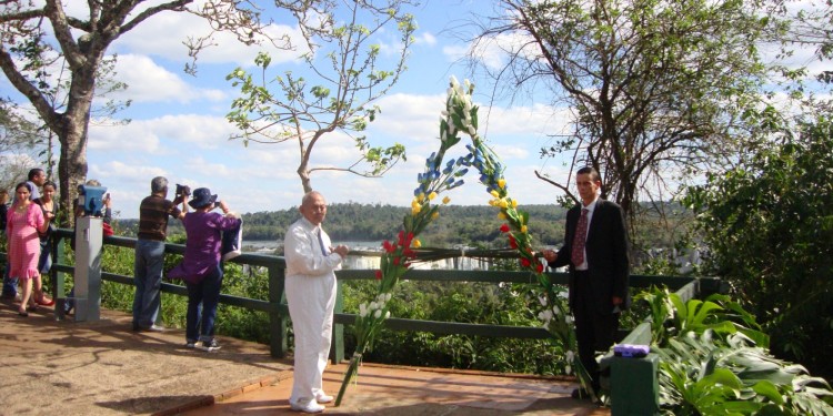 Medalla and Nankervis, live event entitled 'Tulips for the Iguazo' This photo were taken at the Iguazo Falls where Adam Nankervis and David Medalla enacted their live event entitled 'Tulips for the Iguazo' on September 14, 2010. The bamboo poles for the letter 'A' ( festooned with silk tulips and fronds from a Brazilian palm tree) were cut by Valdemir Federizzi from the Fazenda Santa Maria of Foz de Iguazo. Brazilian artist Renata Padovan made a video of the event by Medalla and Nankervis which will be shown in the 'So Pulo' exhibition at Galeria Baro in Sao Paulo.