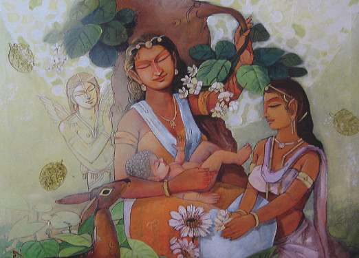 THE ETHEREAL BIRTH (SIZE 36”*36”ACRYLIC ON CANVAS), ASHOKE GANGUL, ANASTASIA GALLERY Siddhartha born in the natural garden of Lumbini in the midst of welcoming ethereal respect from all living being and the world around. Siddhartha meaning “he who attains his objective” was highly honoured at birth by the Mother Nature herself, as well as the hermit and the sages who predicted his inevitable path to glory and enlightenment.