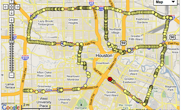 HOUSTON Houston is the only big city on US 59 from Lorado (Mexico) to Winnipeg (Canada). Performance City Drawing in Houston was made on February 20, 2010. Drawing started at 17:54:05 on US 59 at West Loop Fwy and finished at 19:19:59 just before intersection of Gulf Fwy with US 59. Hiram Levy was driving, Irina Danilova was navigating and computer was tracking the route from the hotel room.