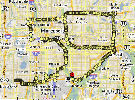 MINNEAPOLIS This drawing was made during Hiram Levy's trip to Rochester Minnesota, within 2 hours driving of Minneapolis. Driving performance was made by Hiram on July 23, 2010. Irina Danilova was navigating and tracking from Brooklyn. Drawing started on W. 59 Street at 7pm (18:42) and after driving 59 miles and making 59 turns, finished at 9 pm (20:51) at S Mississippi River Blvd. Minneapolis city area is (almost) 59 square miles and Minneapolis Days Inn Mall Of America/Airport hotel has 59 reviews on Tripadvisor. There is also the Minneapolis Federation of Teachers Local 59.