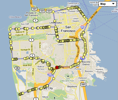 SAN FRANCISCO MAP San Francisco has the highest year round probability of the best (coolest) weather: 59 degrees Fahrenheit, along with the numerous possibilities of 59 ft elevation. The Beatitude magazine was founded there in 1959. On December 12th, 2009 Ruthie Ayzenberg drove the family car that made a cross-country trip from Baltimore a few months earlier. Irina Danilova was riding with Ruthie and navigating. Trudy Levy and Mike Gutman were tracking the car from their house in San Jose. During this performance, which started at 11:55am at the very beginning of John Daly Blvd on the Pacific Ocean and finished at 3 : 24pm on Monterey Blvd at Southern Hwy, Mount Davidson was climbed (unexpectedly for the car’s old brakes and for Mike Gutman who used to live there back in the 70's). Such legendary places as the Castro (59 feet elevation at intersection of Harrison Street and Treat Ave), Fisherman's Wharf, Great Hwy, Geary Blvd (59 feet elevation between 10th and 9th streets) were passed. Ruthie also drove near San Francisco State University where she had a final exam earlier that morning.