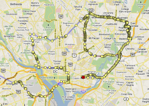 WASHINGTON DC & Metro Area Washington D.C. currently has a resident population of 599,659 (the 2000 Census recorded 572,059 residents). The Washington Metropolitan Area, of which the District is a part, has a population of 5.4 million (5+4). Washington, D.C. is a planned city. It has 159 square km of land (excluding water). The design for the City of Washington was largely the work of Pierre (Peter) Charles L’Enfant, a French-born architect, engineer, and city planner who first arrived in the colonies as a military engineer with Major General Lafayette during the American Revolutionary War. President Washington commissioned L'Enfant to plan the layout of the new capital city. Nowadays 59 foreign embassies (out of many more) are located on a section of Massachusetts Avenue informally known as Embassy Row. The Washington DC City Drawing was made on November 26, 2010 (Black Friday). It started at 9:45am in Arlington, VA and finished at 13:59pm on East Capital Street, above Lincoln Park. Elevation is 59 ft around there. Hiram Levy was driving with Irina Danilova navigating and Joshua Levy tracking from his and his wife Darcy's residence in Vienna, VA. Trip was modified to pass by Café 59 (discovered by Joshua Levy a few years ago) and the only 59th Ave in NE part.