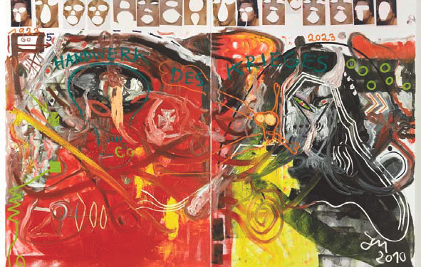 Jonathan Meese, HEY HOTTIECHEN: SCHNULLER DIR DIE SAUKUNST, es bringt’s…, 2010 Technique mixte sur toile, 260 x 372 cm, diptyque/diptych, mixed media on canvas, 103 x146 in. Courtesy Galerie Daniel Templon, Paris/ Photo : Jochen Littkemann, Berlin