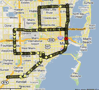 MIAMI What is similar between Miami and New York? They both have multiple 59th streets and for a week in December Miami becomes a center of world art. The Miami performance was on December 05.09 (Miami Beach on December 06.09) during Basel Miami Fair. While Irina Danilova was driving around Miami and Miami Beach, Hiram Levy was tracking and navigating the car’s movement from Princeton. The December 5th performance started at 5:25pm at the corner of N. Kendall Drive and SW 86 Street and ended at 8:11pm at the corner of Andalusia and SW 37th Ave. The December 6th performance started at 8:45 am at the intersection of SW 87 Ave. with SW 72nd St. and ended at 11:20 am on US I95 above NW 19th St.