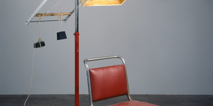 Sarah Lucas Portable Smoking Area, 1996 Wood, chair, weights, chrome stand, shellac 180 x 76 x 140 cm Collection of Ursula Blickle Copyright The artist, courtesy Sadie Coles HQ, London