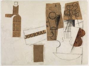 Pablo Picasso (Spanish, 1881-1973) Siphon, Glass, Newspaper, and Violin. Paris, December 3, 1912, or later Cut-and-pasted newspaper, hand-painted faux bois paper, and paper, and charcoal on paper 18 1/2 x 24 5/8" (47 x 62.5 cm) Moderna Museet, Stockholm