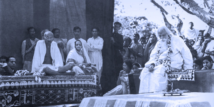 Rabindranath and Gandhiji at Amrakunja, by Shambhu Shaha. From Faces & Places of Visva-Bharati: A Collection of Photographs, by Shambhu Shaha, 2nd edn., Visva-Bharati Publishing Department, Kolkata, 2008. Rabindra Bhavana Acc. No. SS022.