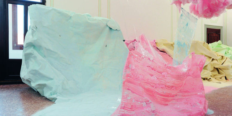 Karla Black At Fault (detail), 2011 cellophane, paint, sellotape, plaster powder, powder paint, sugar paper, chalk, bath bombs, ribbon, wood dimensions variable Courtesy the artist and Gallery Gisela Capitain. Photo: Gautier Deblonde