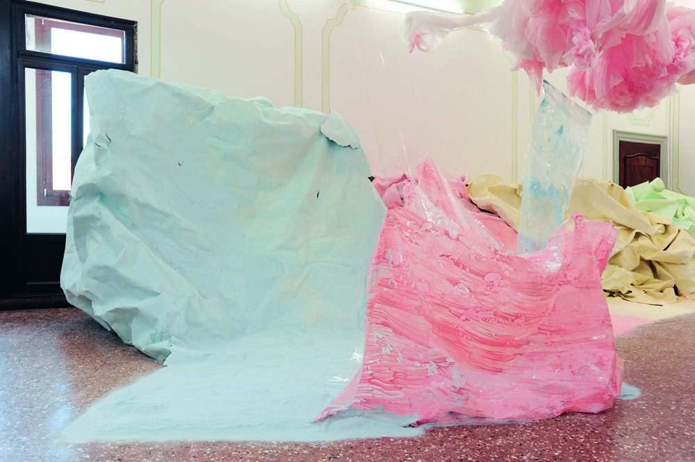 Karla Black At Fault (detail), 2011 cellophane, paint, sellotape, plaster powder, powder paint, sugar paper, chalk, bath bombs, ribbon, wood dimensions variable Courtesy the artist and Gallery Gisela Capitain. Photo: Gautier Deblonde