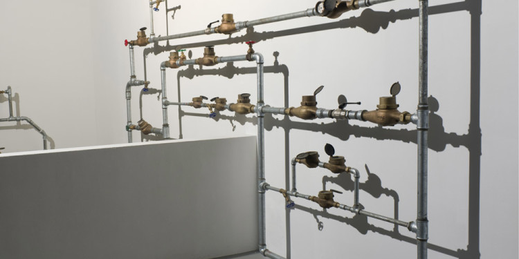 Sigalit Landau Water Ladder I (Romeo), 2011 Metal Pipes, metal tubes, water meter and bricks 420x440x25cm Installation view, Israeli Pavilion, 54th Venice Biennale, Venice, 2011 © Sigalit Landau Courtesy the artist and kamel mennour, Paris