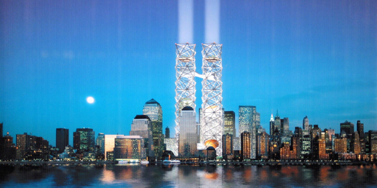 THINK Design. Perspective of World Cultural Center. World Trade Center Competition, New York, New York. 2002. Ink Jet print, 12 ¾” x 19” (32.4 x 45.7cm). Image courtesy of The Museum of Modern Art.