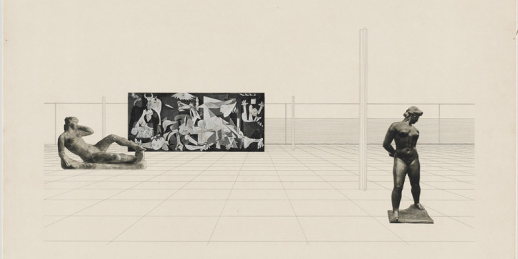 Ludwig Mies van der Rohe, American and George Danforth. Museum for a Small City Project: interior perspective. 1941-43. Graphite and cut-and-pasted reproductions on illustration board, 30 x 40" (76.1 x 101.5 cm). Mies van der Rohe Archive. Image courtesy of The Museum of Modern Art.