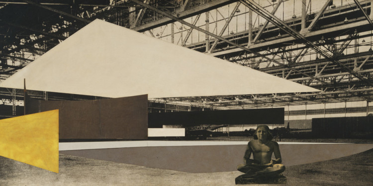 Ludwig Mies van der Rohe. Concert Hall Project: interior perspective. 1942. Graphite, cut-and-pasted photoreproduction, cut-and-pasted papers, cut-and-pasted painted paper, and gouache on gelatin silver photograph mounted on board, 29 1/2 x 62" (75 x 157.5 cm). Mies van der Rohe Archive. Image courtesy of The Museum of Modern Art.