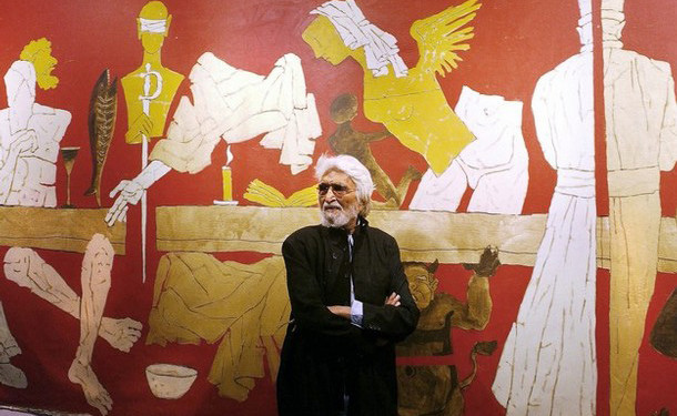 In this file photo taken on January 14, 2004 Indian artist Maqbool Fida (M.F) Hussain stands against one of his paintings titled 'Last Supper' at the inauguration of his exhibition'...and not only 88 of Hussain' at the National Art Gallery in Mumbai. An Indian court on May 8, 2008 cleared famed painter Maqbool Fida Husain, living in self-imposed exile in Dubai and London, of obscenity criminal charges over his depiction of India as a nude woman. "The allegations made against the painter are baseless," said Justice Sanjay Kishan Kaul of the Delhi High Court in a 74-page judgment, according to a Press Trust of India news agency report. AFP PHOTO/SEBASTIAN D'SOUZA (Photo credit should read SEBASTIAN D'SOUZA/AFP/Getty Images)