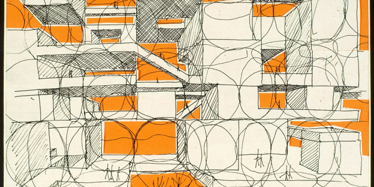 Yona Friedman: Ville spatiale, 1959-1960 Rajz, tinta és akvarell papíron Fotó: François Lauginie Collection FRAC Centre, Orléans Yona Friedman: Ville spatiale, 1959-1960 Drawing, ink and aquarelle on paper Photo: François Lauginie Collection FRAC Centre, Orléans