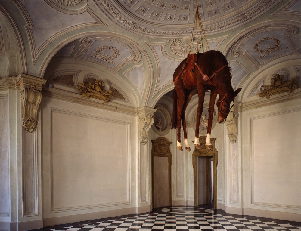 MAURIZIO CATTELAN: ALL Maurizio Cattelan Novecento, 1997 Taxidermied horse, leather saddle, rope, and pulley, 201.2 x 271.3 x 68.6 cm © Maurizio Cattelan Photo: Paolo Pellion di Persano, courtesy the artist