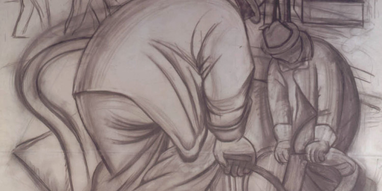 Diego Rivera. Pneumatic Drill (cartoon for Pneumatic Drilling). 1931. Charcoal on paper, 97 1/4x 76 7/8 (247 x 195.2 cm). Museo Dolores Olmedo, Xochimilco, Mexico © 2011 Banco de México Diego Rivera & Frida Kahlo Museums Trust, México, D.F./Artists Rights Society (ARS), New York