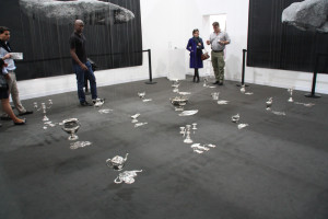 Frith Street Gallery, Cornelia Parker, 30 Pieces of Silver, 2003, 15 pairs of silver objects with squashed 'reflection, 430 x 280 cm