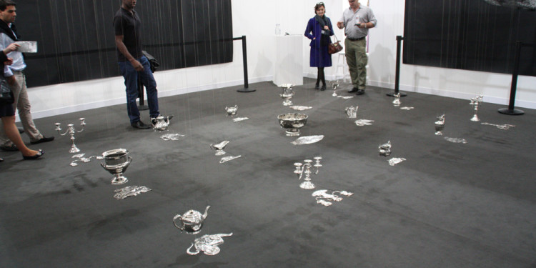 Frith Street Gallery, Cornelia Parker, 30 Pieces of Silver, 2003, 15 pairs of silver objects with squashed 'reflection, 430 x 280 cm