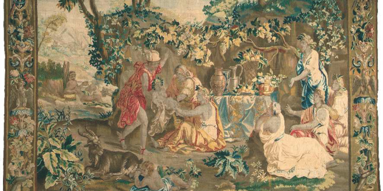 MERCURIUS HANDS OVER THE INFANT BACCHUS TO THE NYMPHS Workshop of Jacob van der Borght, Brussels, c. 1700. Museum of Applied Arts, Budapest Woven from wool and silk using the Gobelin technique; density of the warp: 7/cm; size: 442x309cm