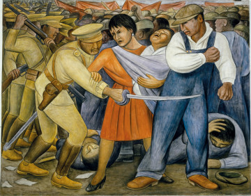 Diego Rivera. The Uprising. 1931. Fresco on reinforced cement in a galvanized-steel framework, 74 x 94 1/8” (188 x 239 cm). Private collection, Mexico © 2011 Banco de México Diego Rivera & Frida Kahlo Museums Trust, México, D.F./Artists Rights Society (ARS), New York