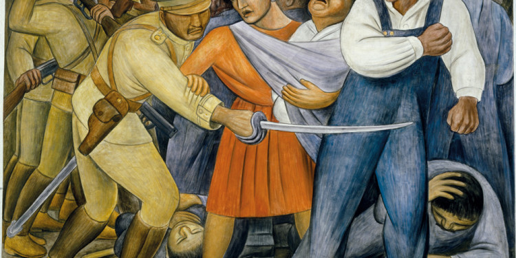 Diego Rivera. The Uprising. 1931. Fresco on reinforced cement in a galvanized-steel framework, 74 x 94 1/8” (188 x 239 cm). Private collection, Mexico © 2011 Banco de México Diego Rivera & Frida Kahlo Museums Trust, México, D.F./Artists Rights Society (ARS), New York