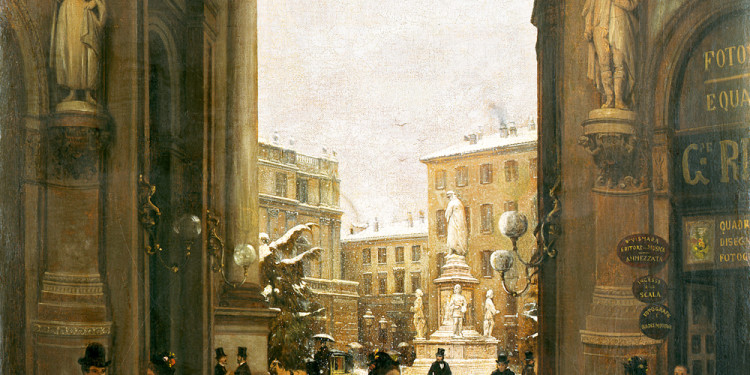 Angelo Inganni (Brescia 1807 – 1880) Veduta di piazza della Scala con neve cadente vista dalla Galleria, 1874 Olio su tela, 65,5 x 55,5 cm Collezione Intesa Sanpaolo