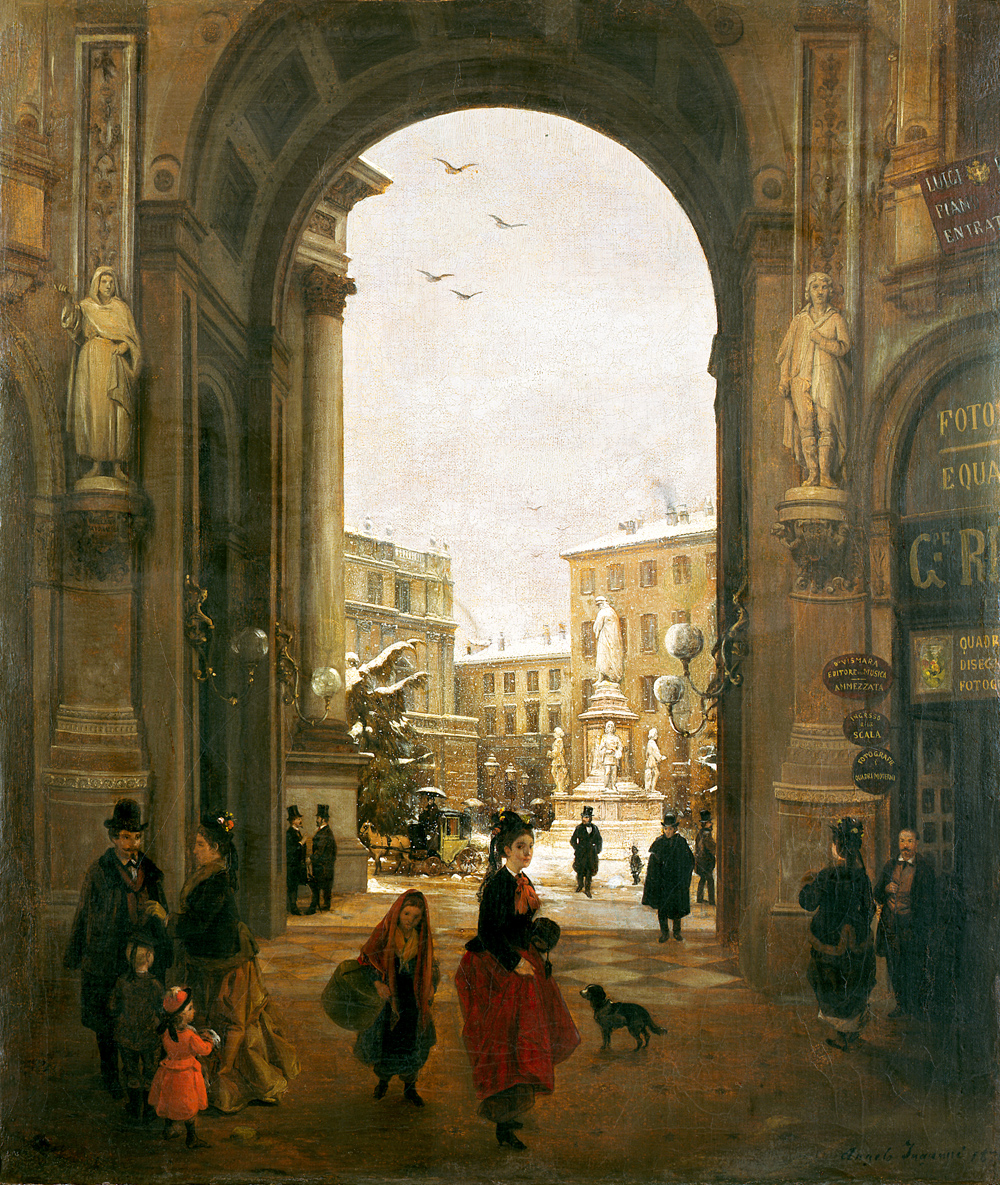 Angelo Inganni (Brescia 1807 – 1880) Veduta di piazza della Scala con neve cadente vista dalla Galleria, 1874 Olio su tela, 65,5 x 55,5 cm Collezione Intesa Sanpaolo