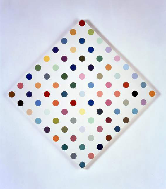 DAMIEN HIRST Eucatropine, 2005 Household gloss on canvas 34 x 34 in (diamond) 86.4 x 86.4 cm (2 inch spot),Photographed by Prudence Cuming Associates © Damien Hirst and Science Ltd. All rights reserved, DACS 2011 Courtesy Gagosian Gallery