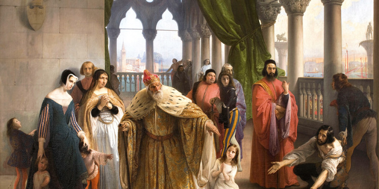 Francesco Hayez (Venezia 1791 – Milano 1882) L’ultimo abboccamento di Jacopo Foscari con la propria famiglia (I due Foscari), 1838-1840 Olio su tela, 165 x 233 cm Collezione Fondazione Cariplo