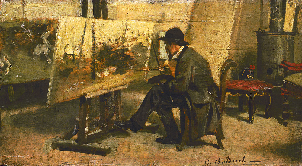 Giovanni Boldini (Ferrara 1842 – Parigi 1931) Ritratto di Fattori nel suo studio, 1866-1867 Olio su tavola, 13 x 24 cm Collezione Intesa Sanpaolo