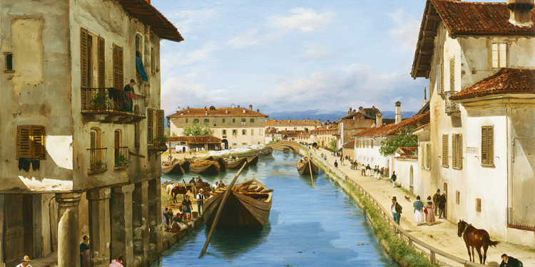 Giuseppe Canella (Verona 1788 – Firenze 1847) Veduta del canale Naviglio presa sul ponte di San Marco, 1834 Olio su tela, 65 x 82 cm Collezione Fondazione Cariplo