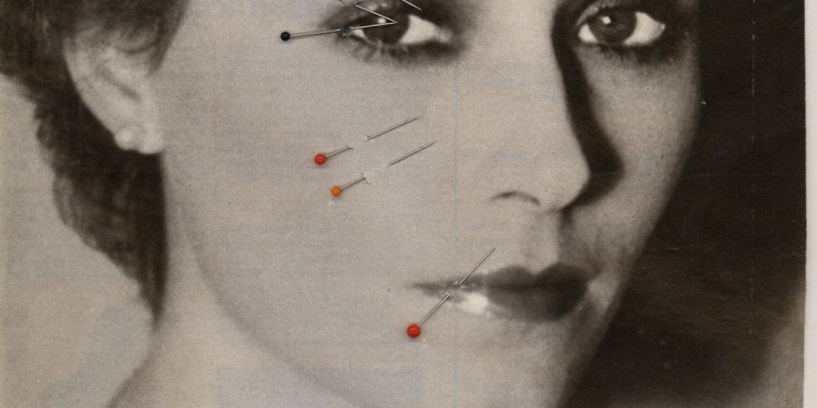 Sanja Iveković. Make-Up. 1979. Magazine page with map pins, 16 1/4 x 15″ (41.3 x 38.1 cm). Collection the artist. © 2011 Sanja Iveković