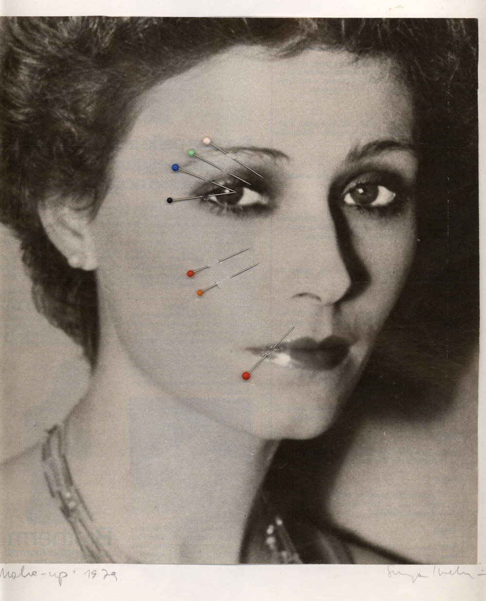 Sanja Iveković. Make-Up. 1979. Magazine page with map pins, 16 1/4 x 15″ (41.3 x 38.1 cm). Collection the artist. © 2011 Sanja Iveković