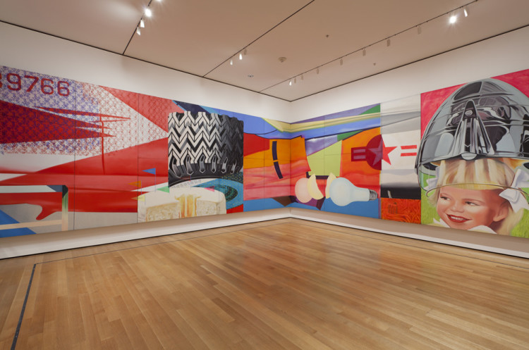 Installation view of James Rosenquist’s F-111 (1964-65) at The Museum of Modern Art, 2012. Oil on canvas with aluminum, 23 sections. 10 x 86′ (304.8 x 2621.3 cm). The Museum of Modern Art, New York. Gift of Mr. and Mrs. Alex L. Hillman and Lillie P. Bliss Bequest (both by exchange). © 2012 James Rosenquist/Licensed by VAGA, New York. Photo by Jonathan Muzikar