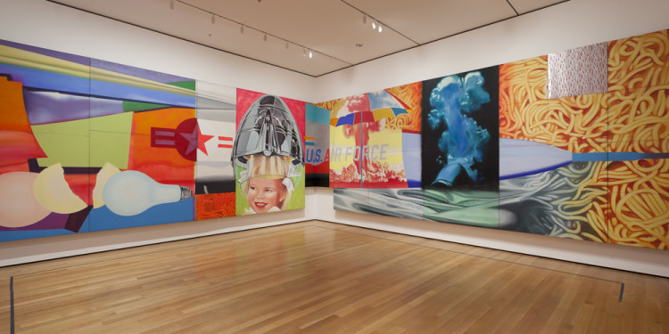 Installation view of James Rosenquist’s F-111 (1964-65) at The Museum of Modern Art, 2012. Oil on canvas with aluminum, 23 sections. 10 x 86′ (304.8 x 2621.3 cm). The Museum of Modern Art, New York. Gift of Mr. and Mrs. Alex L. Hillman and Lillie P. Bliss Bequest (both by exchange). © 2012 James Rosenquist/Licensed by VAGA, New York. Photo by Jonathan Muzikar
