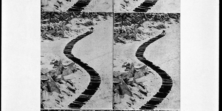 Gina Pane - Continuation d'un chemin de bois, 1970, 1970, 6 fotografie, viraggio seppia, 121 x 60 cm. Collezione La Gaia, Busca, Italia