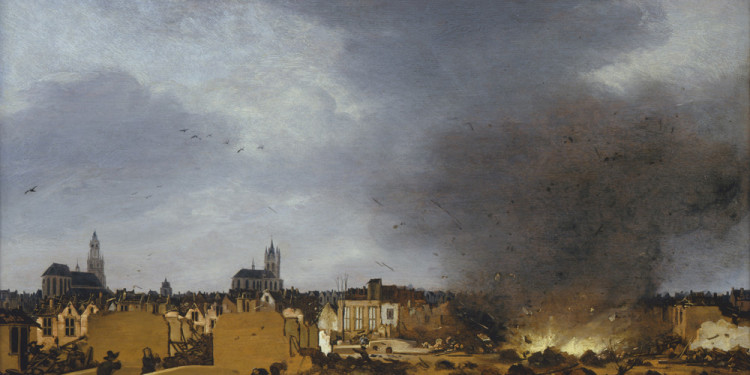 Egbert van der Poel Veduta di Delft con l’esplosione del 1654, 1654 Olio su tavola, 36 x 49 cm Collezione Johnny van Haeften, Londra