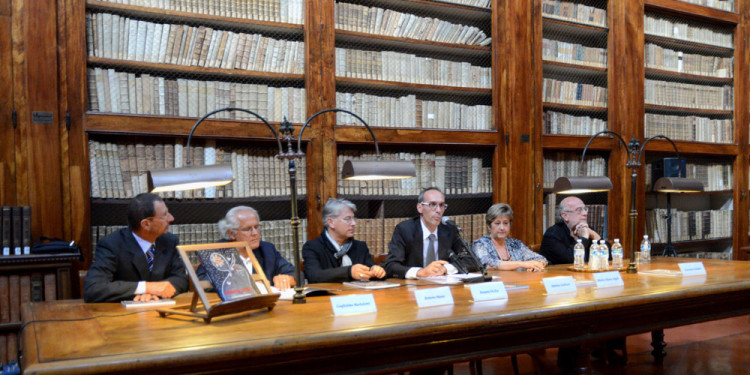 Donato Di Zio a cura di Gillo Dorfles, Biblioteca Marucelliana, Firenze 2012. Guglielmo Bartoletti, Roberto Maini, Donato Di Zio, Matteo Galbiati, Monica Maria Angeli e Giovanni Pallanti - Foto Paolo Mariani