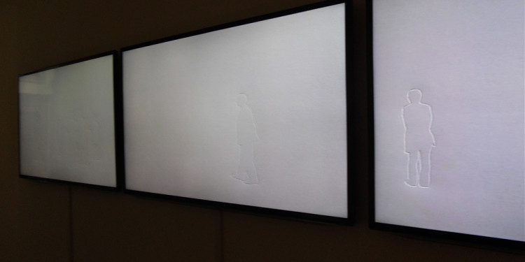 SHIN II KIM - Invisible Masterpiece, 2004, 708 pressed line drawings on paper, 3 video monitors, Installation