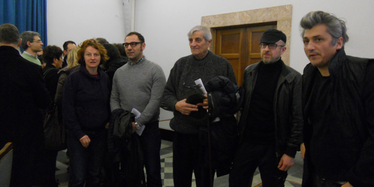 alcuni artisti del Padiglione Italia presenti alla conferenza stampa, Roma 6 Febbraio 2013 - Elisabetta Benassi, Marcello Maloberti, Gianfranco Baruchello, Daniele Venturelli, Sislej Xhafa