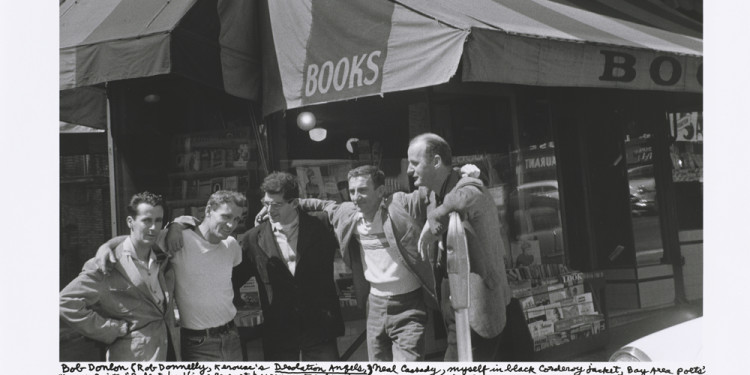 Bob Donlin, Neal Cassady, Allen Ginsberg, Robert LaVigne & Lawrence Ferlinghetti, City Lights Books, 1955 © Photo: Allen Ginsberg Estate