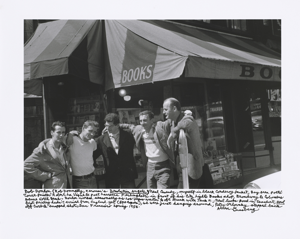 Bob Donlin, Neal Cassady, Allen Ginsberg, Robert LaVigne & Lawrence Ferlinghetti, City Lights Books, 1955 © Photo: Allen Ginsberg Estate