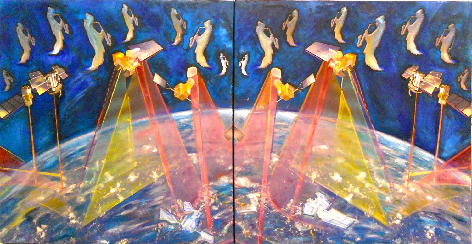 cosmic sax symphony 1-2, Raffaella Losapio, cm 100 x 200, oil painting on plotter painting, 2013, courtesy the artist