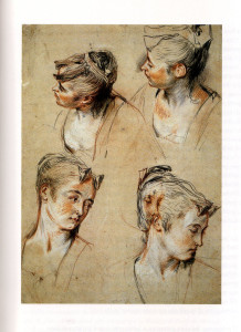 Antoine Watteau-Quattro studi di testa femminile, 1716-1717-Londra, British Museum